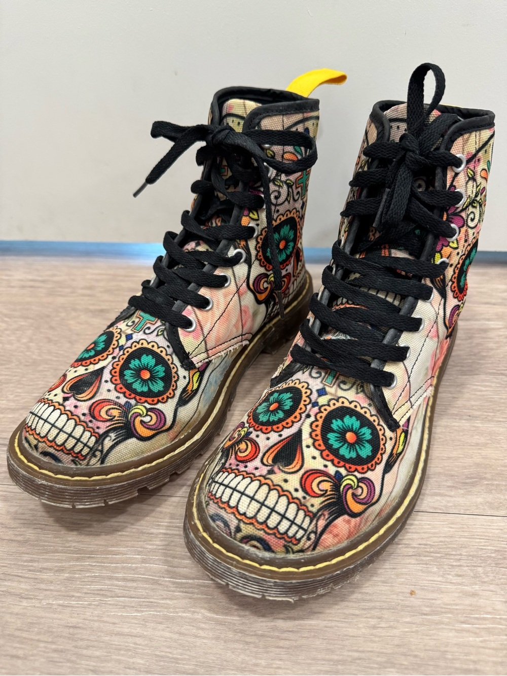 Sugar Skull Floral Combat Boots - Colorful Day of the Dead Print